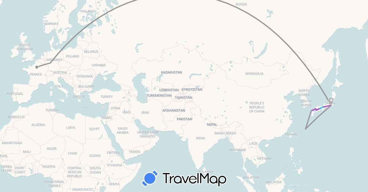 TravelMap itinerary: plane, train, boat in Germany, France, Japan (Asia, Europe)